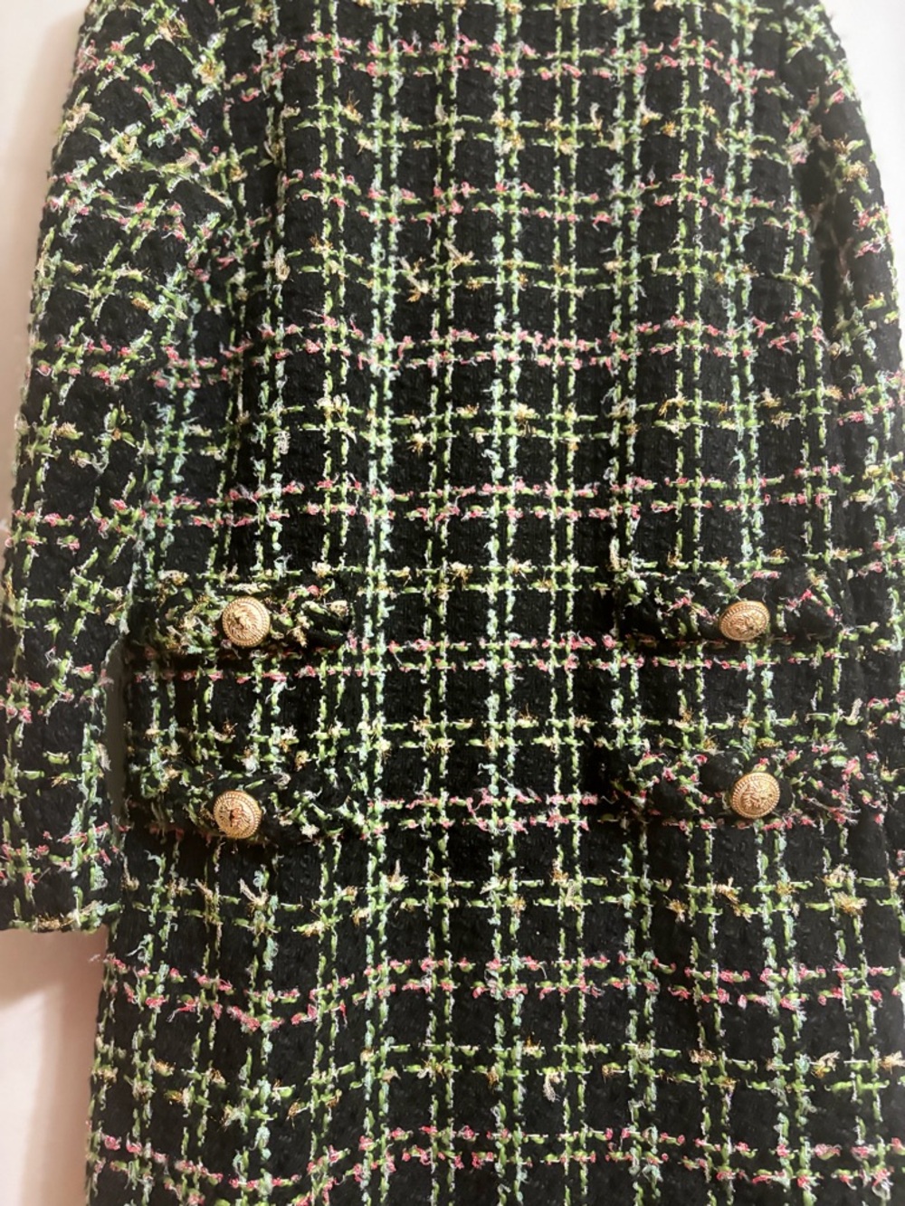 Tweed Plaid Hooded Coat Dress in Black with Lime & Pink Accents Sz M Women - Picture 4 of 8